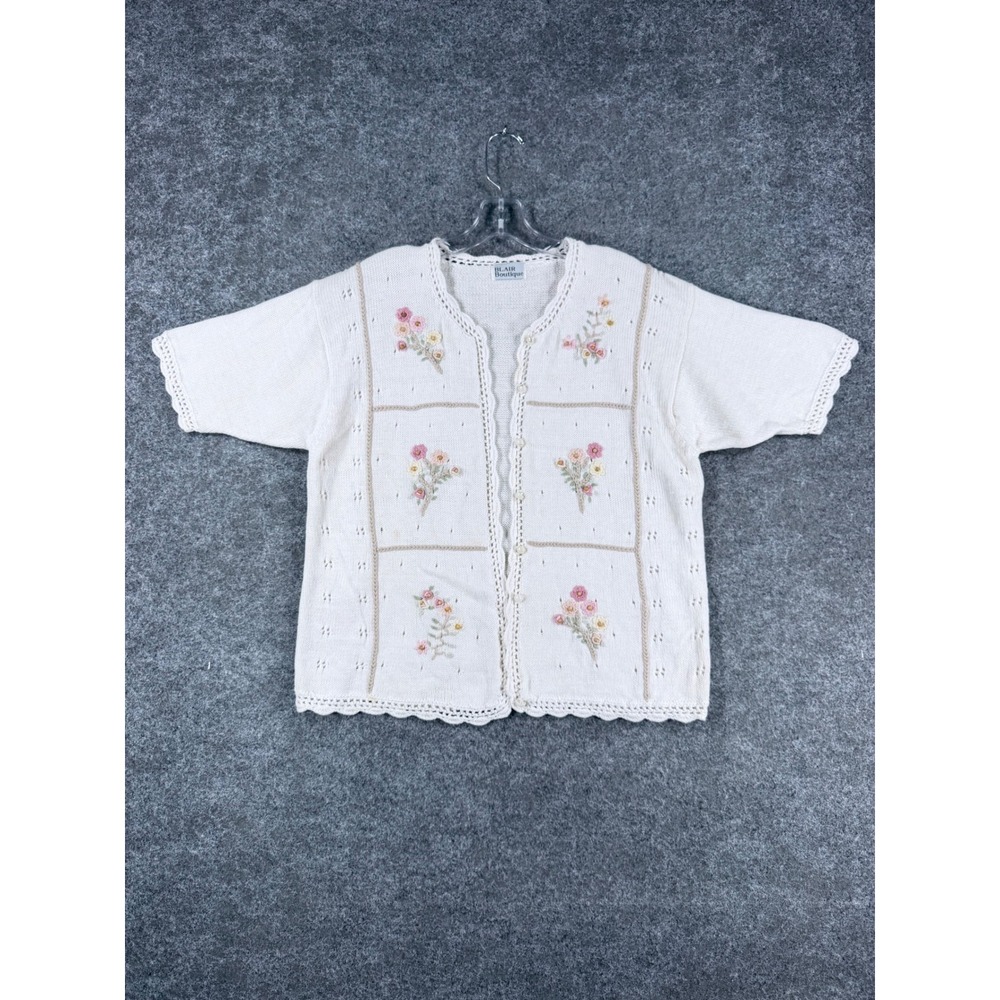 Blair Boutique Womens Cardigan Sweater Cream Floral Embroidered Short Sleeve Vtg